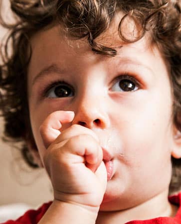 Toddler with curly hair sucking thumb, wearing red shirt, neutral indoor background.