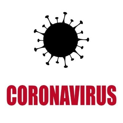 Black coronavirus particle illustration with red "CORONAVIRUS" text below on white background.