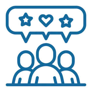 Three people with positive feedback speech bubble containing star and heart icons above them.