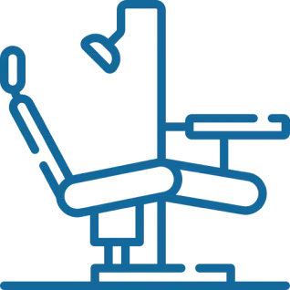 Dental chair with overhead light and patient in reclined position for examination.