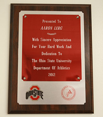 Plaque presented to Aaron Liao from Ohio State University Department of Athletics, 2012.